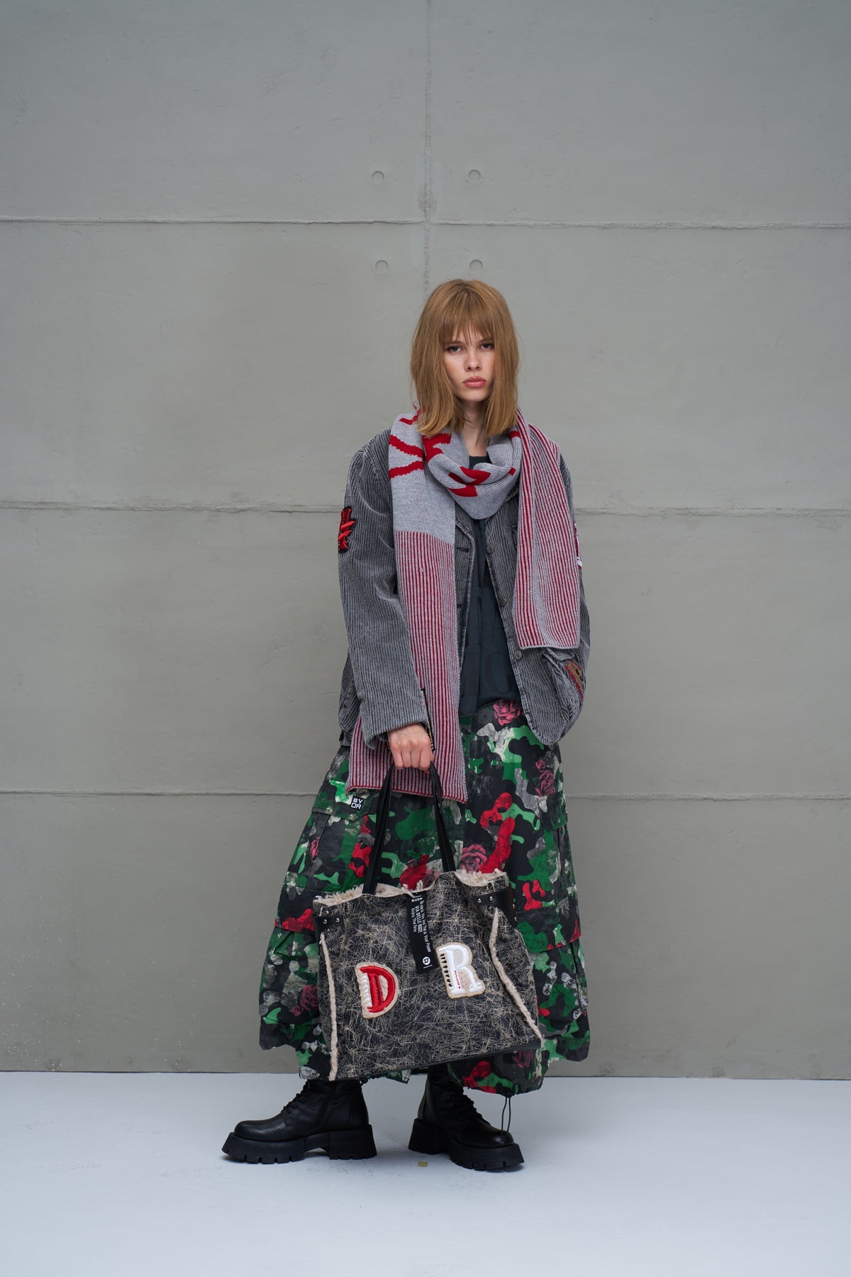 Grey Melange Red Logo Striped Knit Scarf 18069
