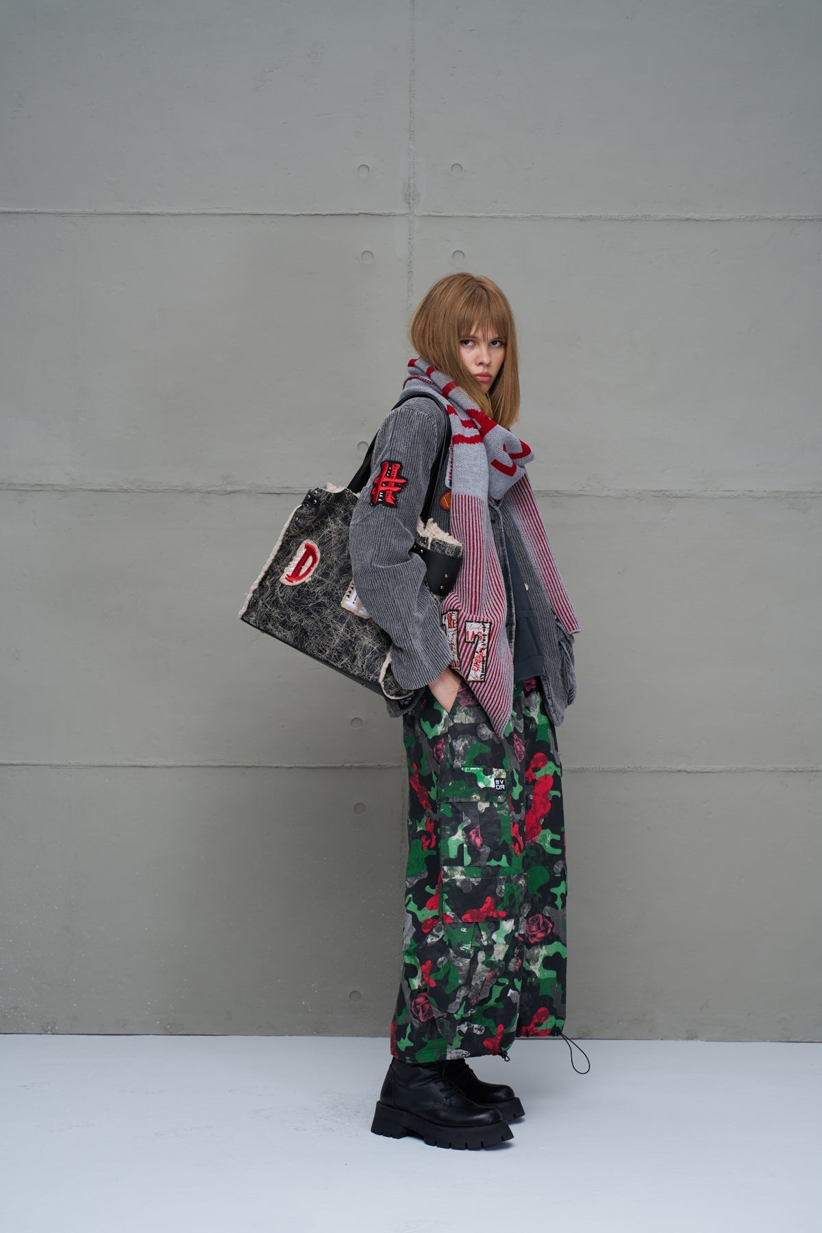 Grey Melange Red Logo Striped Knit Scarf 18069