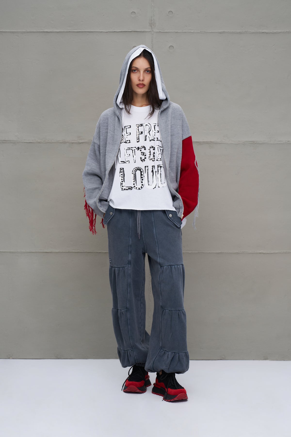 Grey Melange Red Hooded Zip-up Oversized Knit Knit Sweater 18070