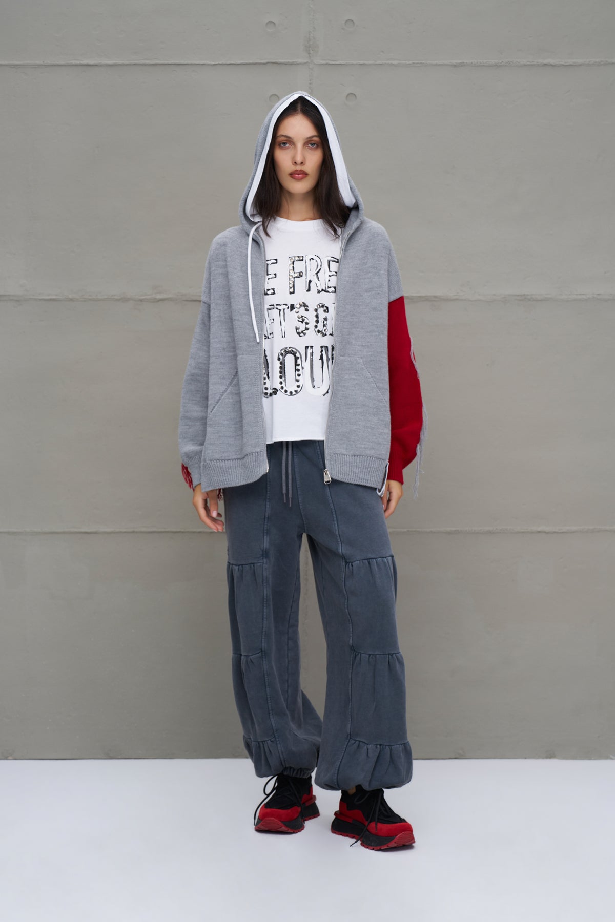 Grey Melange Red Hooded Zip-up Oversized Knit Knit Sweater 18070