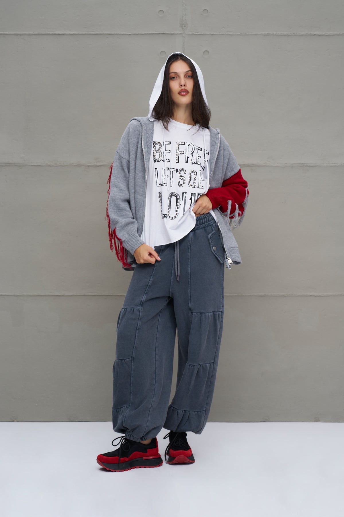 Grey Melange Red Hooded Zip-up Oversized Knit Knit Sweater 18070