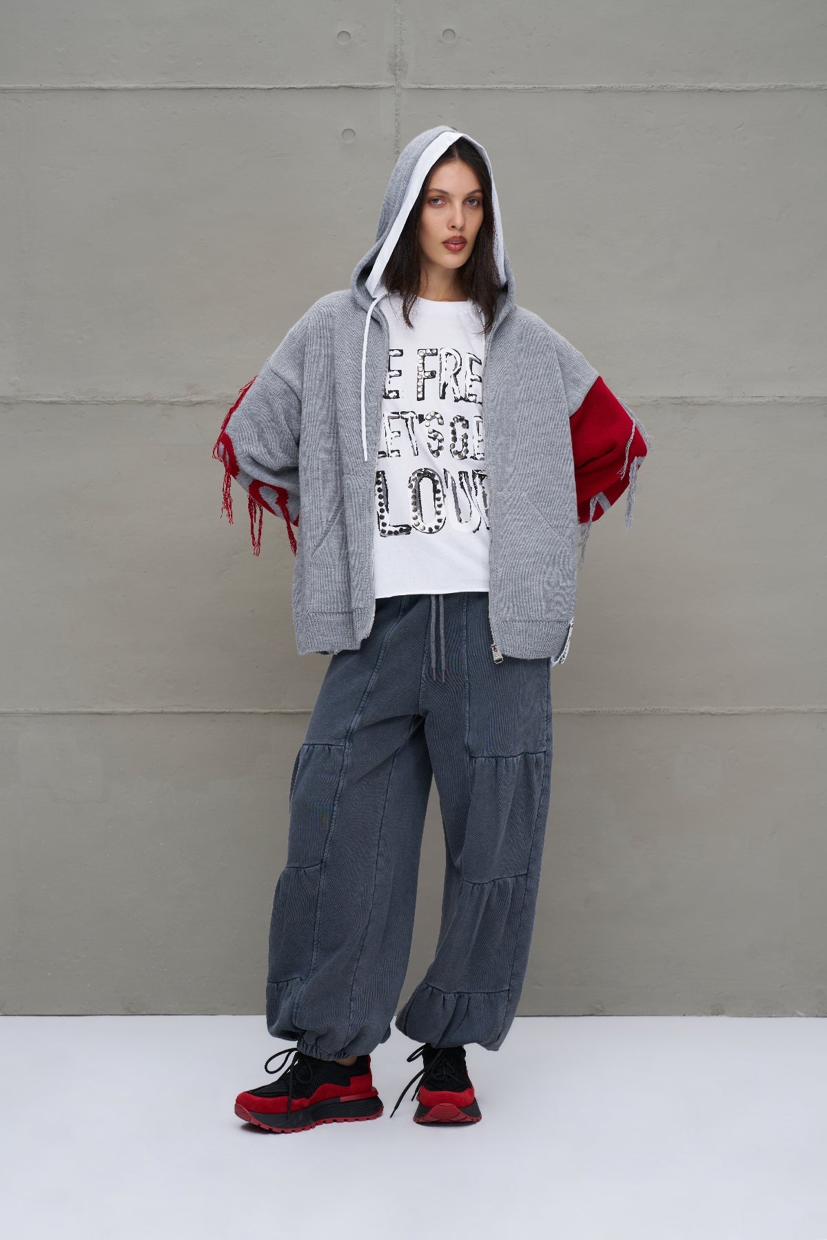 Grey Melange Red Hooded Zip-up Oversized Knit Knit Sweater 18070