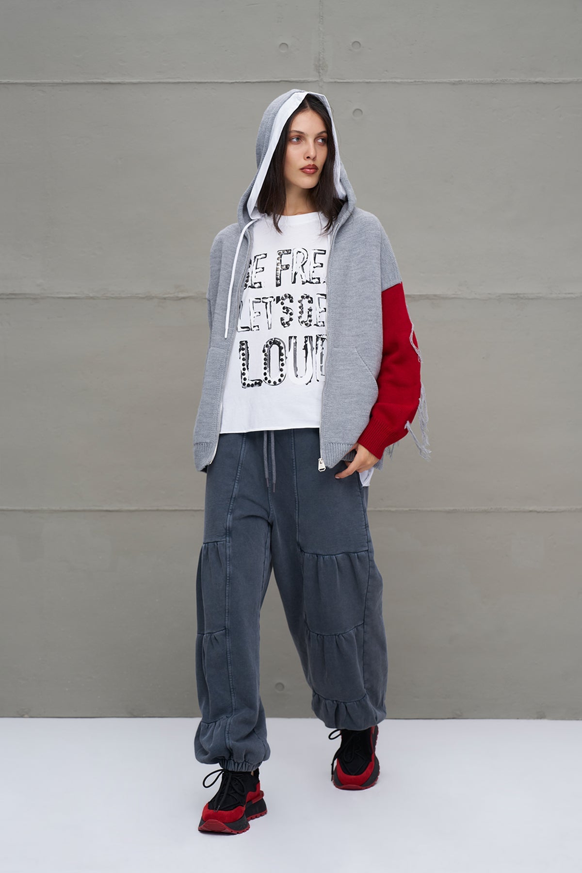 Grey Melange Red Hooded Zip-up Oversized Knit Knit Sweater 18070
