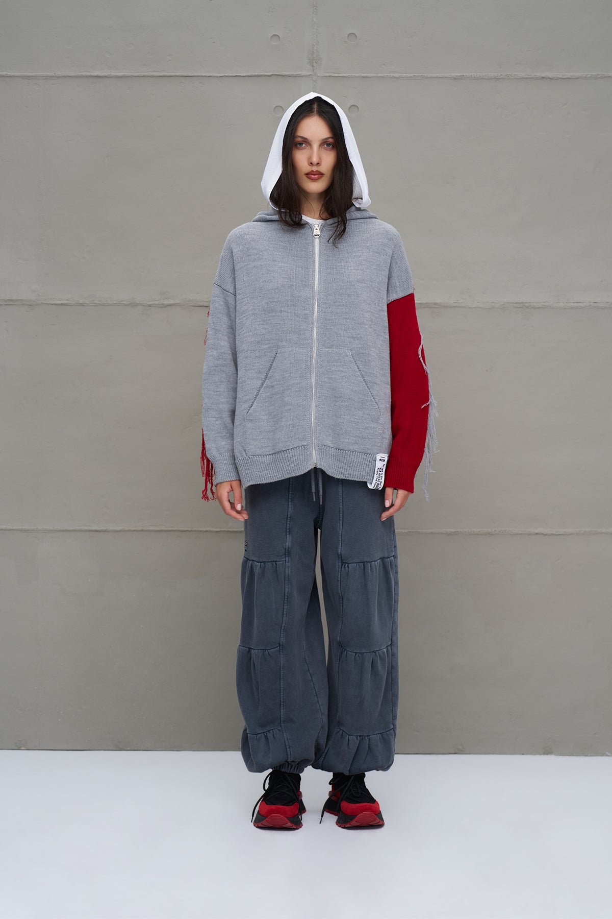 Grey Melange Red Hooded Zip-up Oversized Knit Knit Sweater 18070