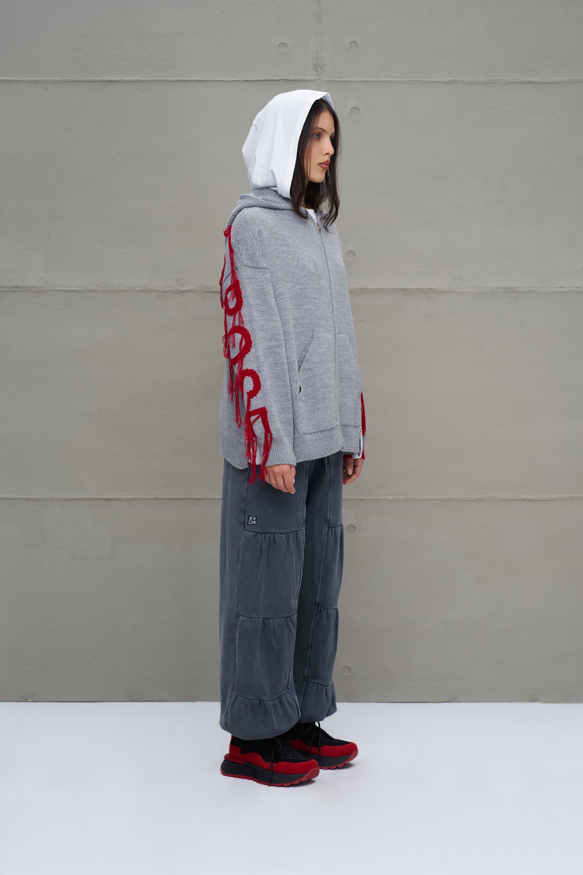 Grey Melange Red Hooded Zip-up Oversized Knit Knit Sweater 18070