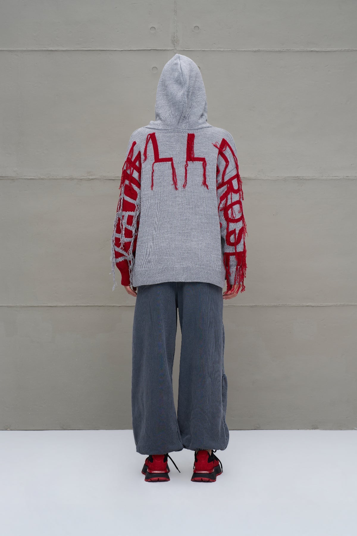 Grey Melange Red Hooded Zip-up Oversized Knit Knit Sweater 18070