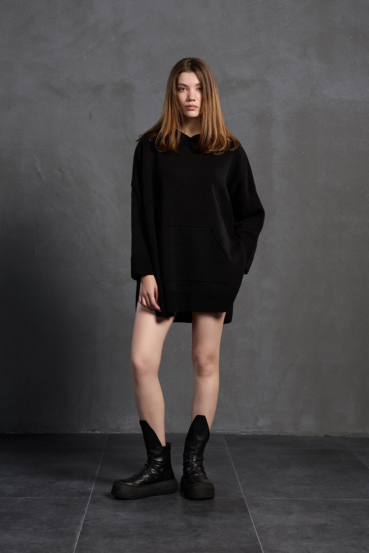 Black Hooded Oversized Knit Sweater 18071