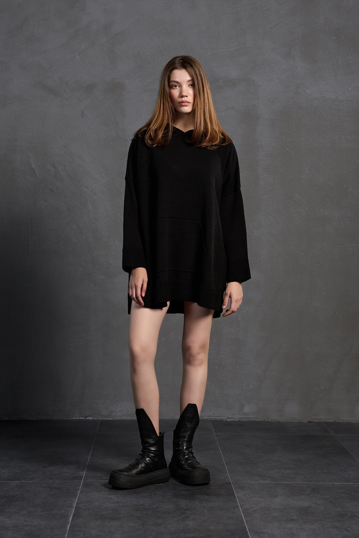 Black Hooded Oversized Knit Sweater 18071