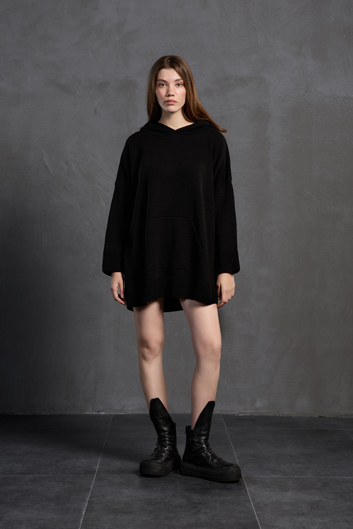Black Hooded Oversized Knit Sweater 18071