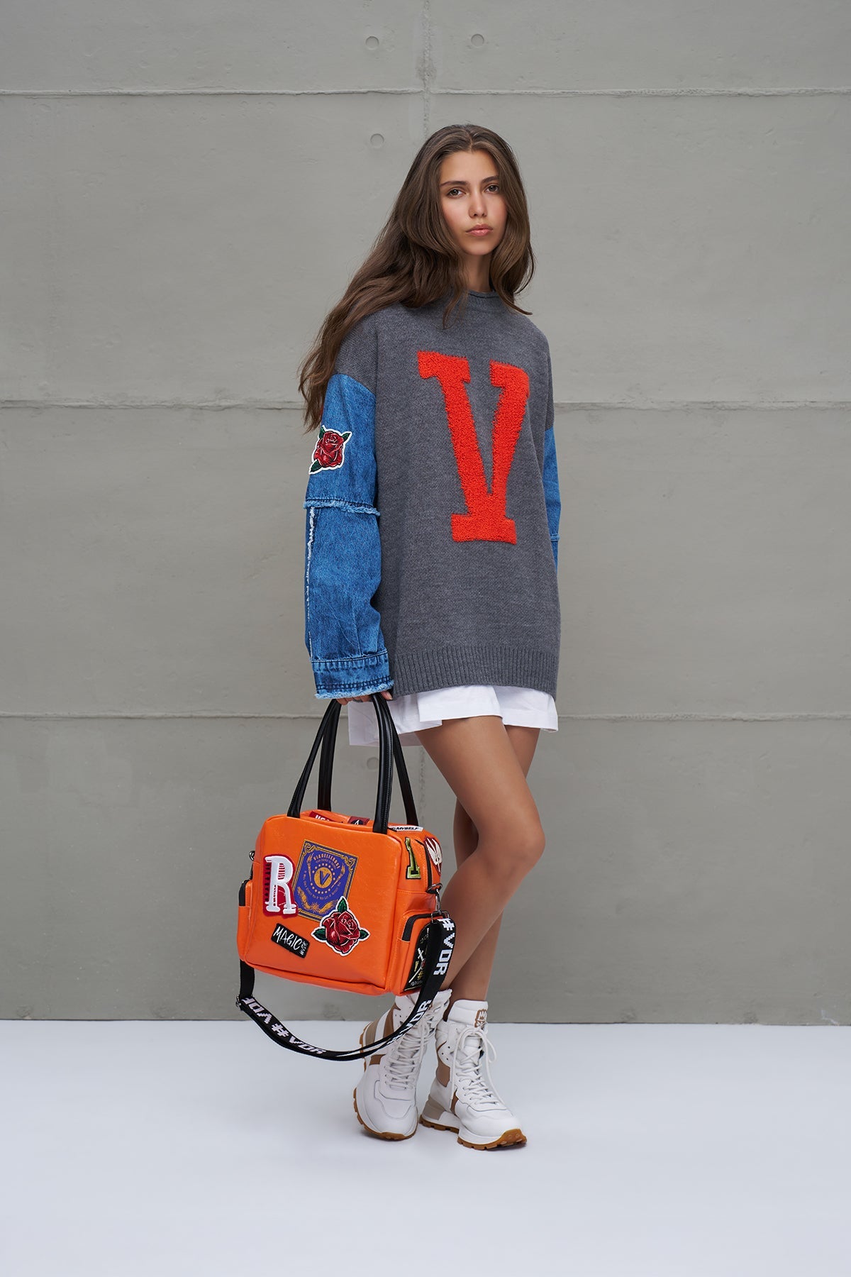 Grey Melange Blue Letter Print Oversized Knit Knit Sweater 18073