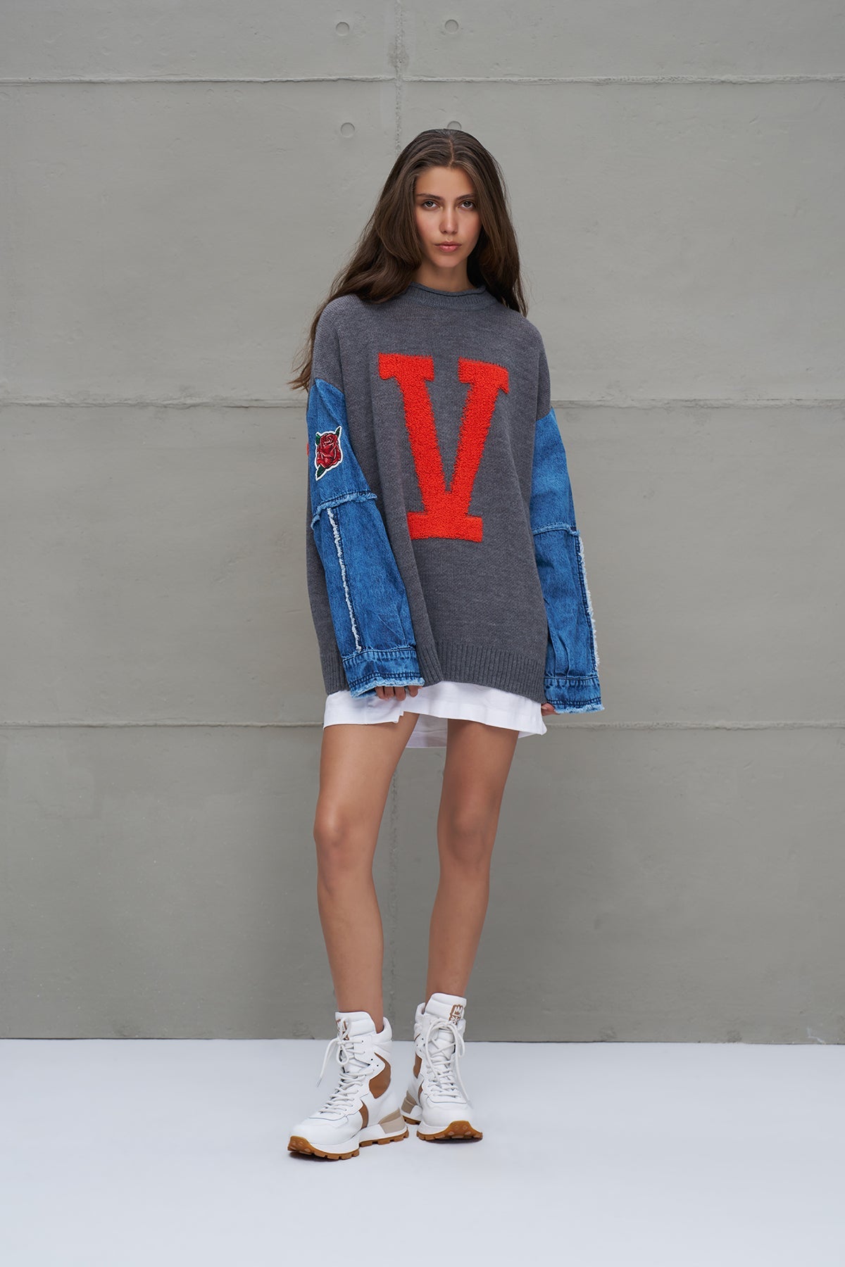 Grey Melange Blue Letter Print Oversized Knit Knit Sweater 18073