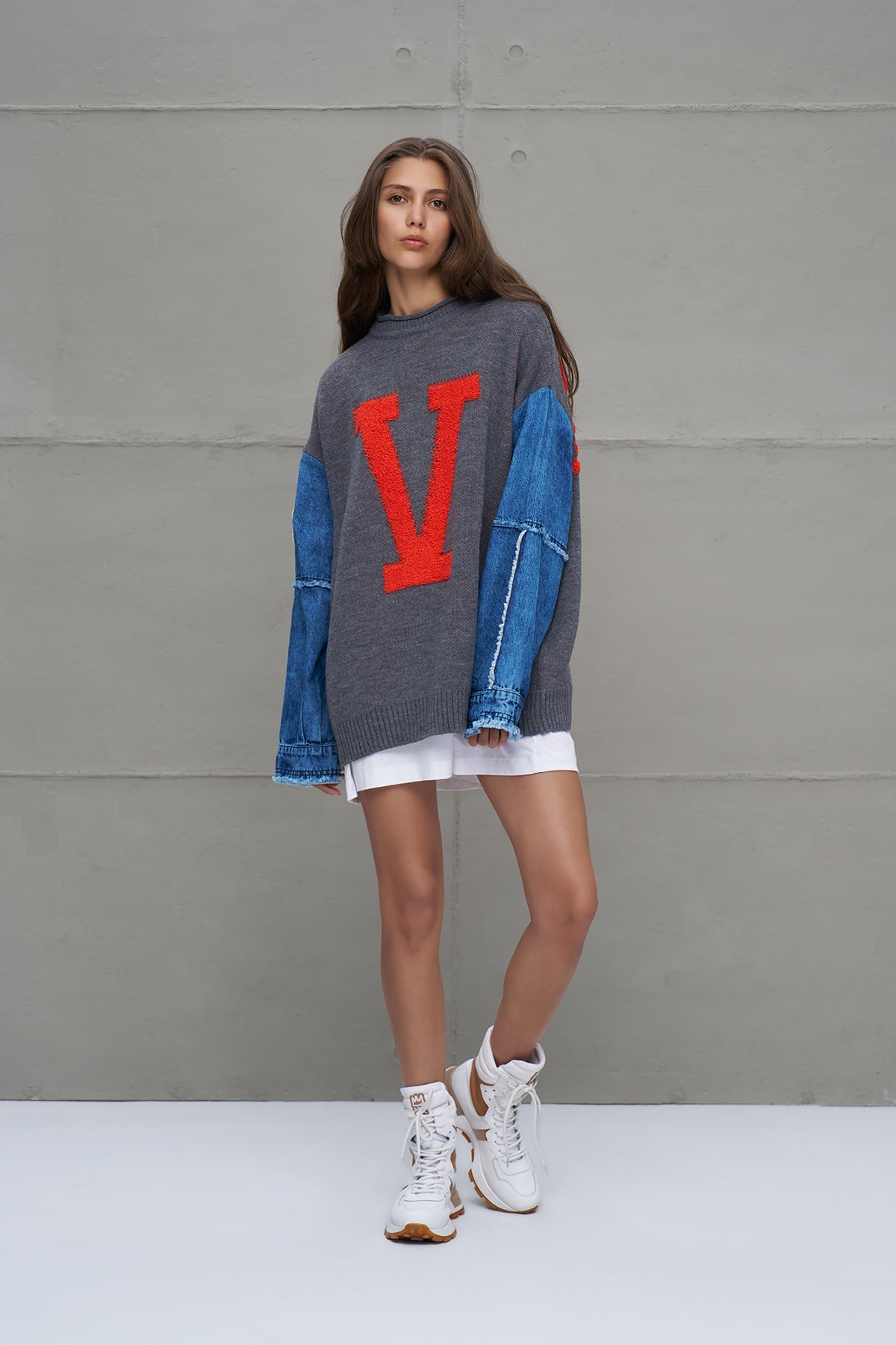 Grey Melange Blue Letter Print Oversized Knit Knit Sweater 18073