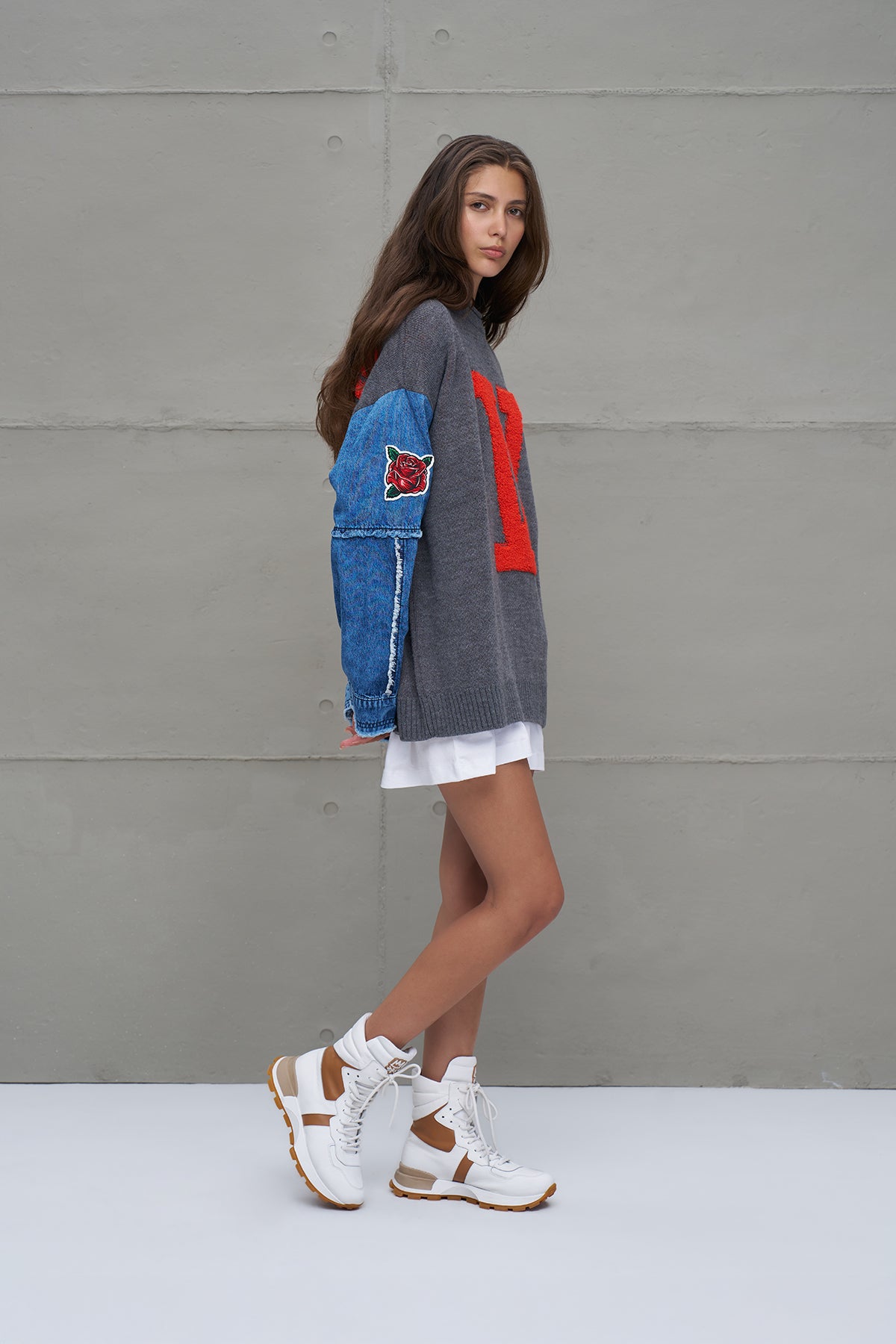 Grey Melange Blue Letter Print Oversized Knit Knit Sweater 18073