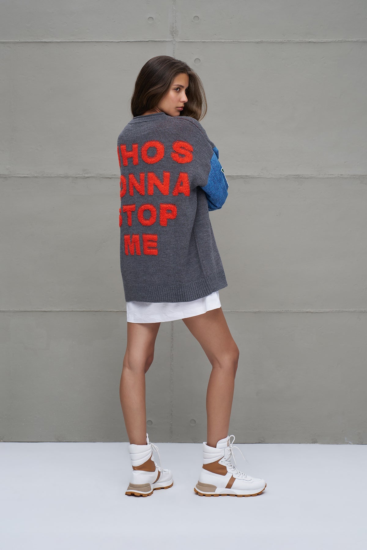 Grey Melange Blue Letter Print Oversized Knit Knit Sweater 18073