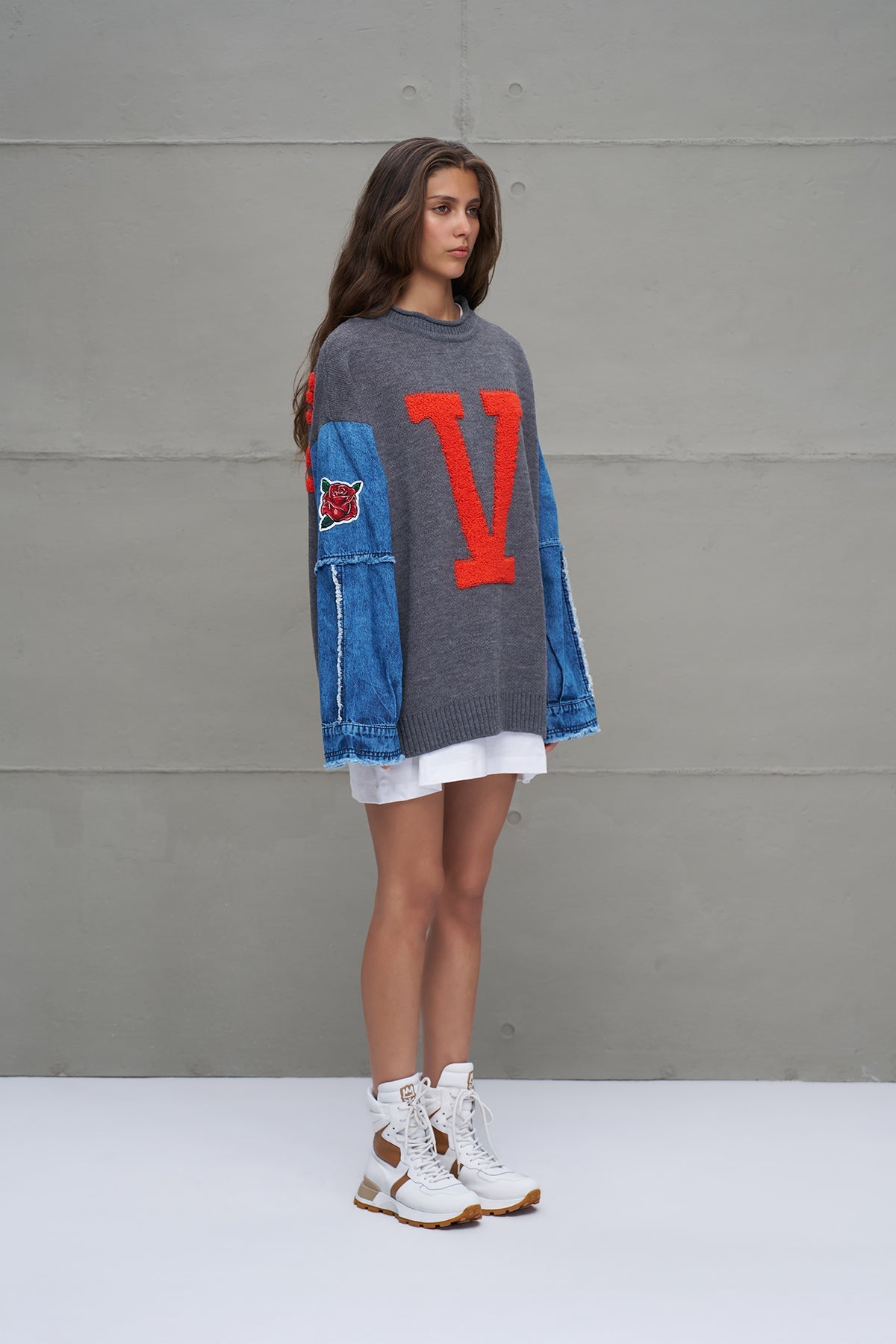 Grey Melange Blue Letter Print Oversized Knit Knit Sweater 18073