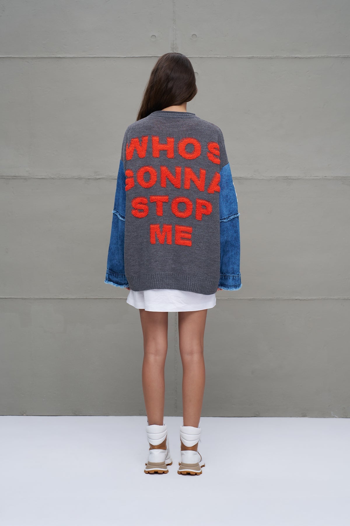 Grey Melange Blue Letter Print Oversized Knit Knit Sweater 18073
