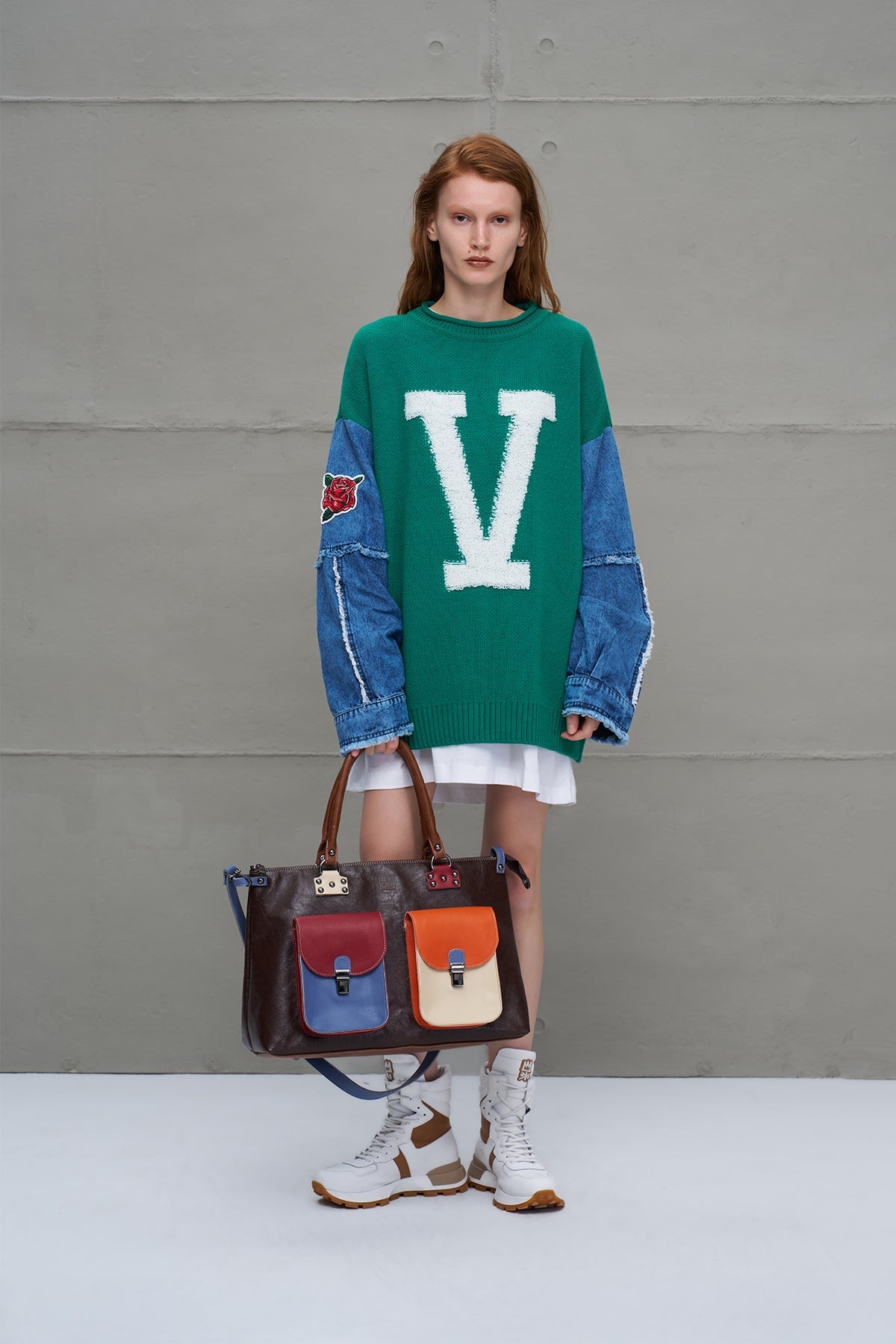 Green Blue Letter Print Oversized Knit Knit Sweater 18073