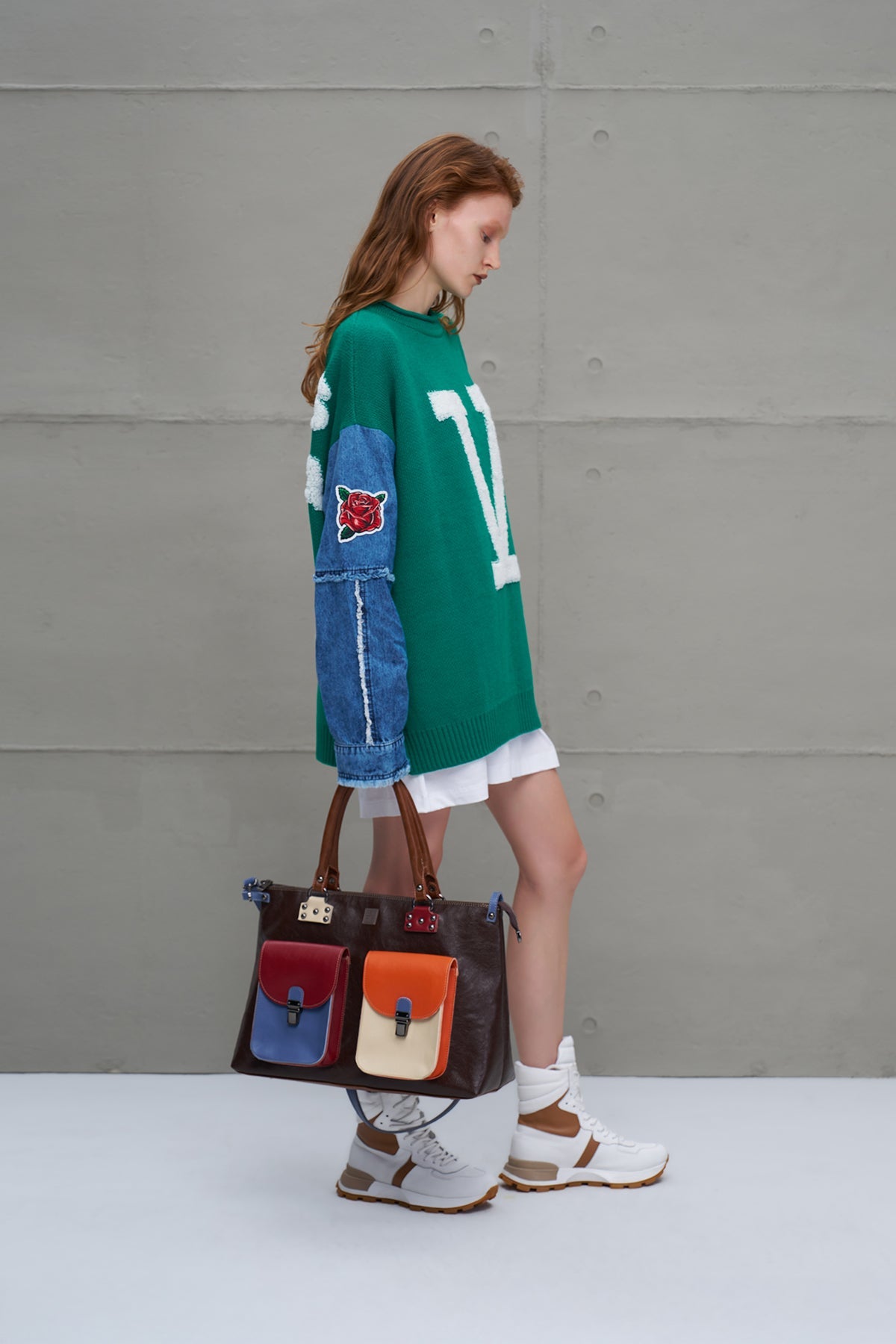 Green Blue Letter Print Oversized Knit Knit Sweater 18073