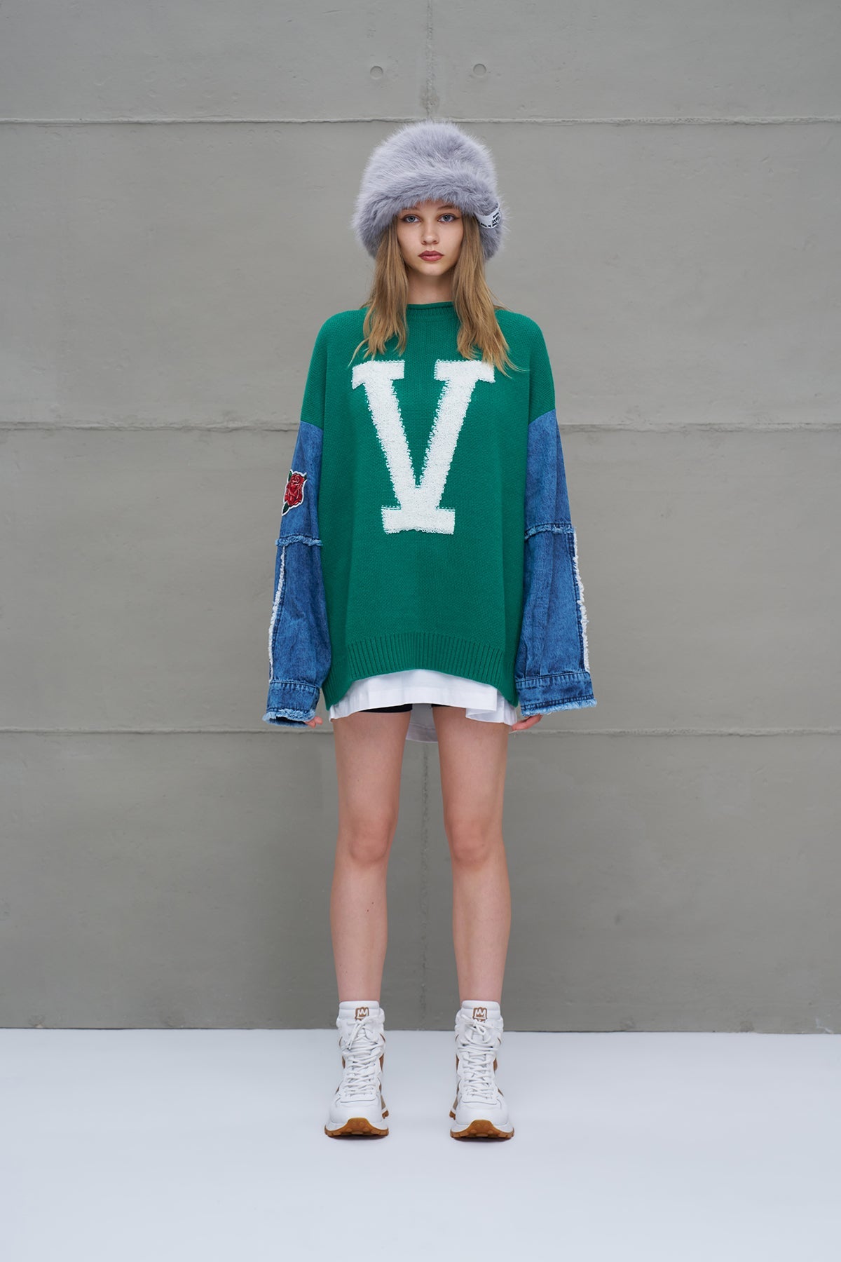 Green Blue Letter Print Oversize Knit Sweater 18073
