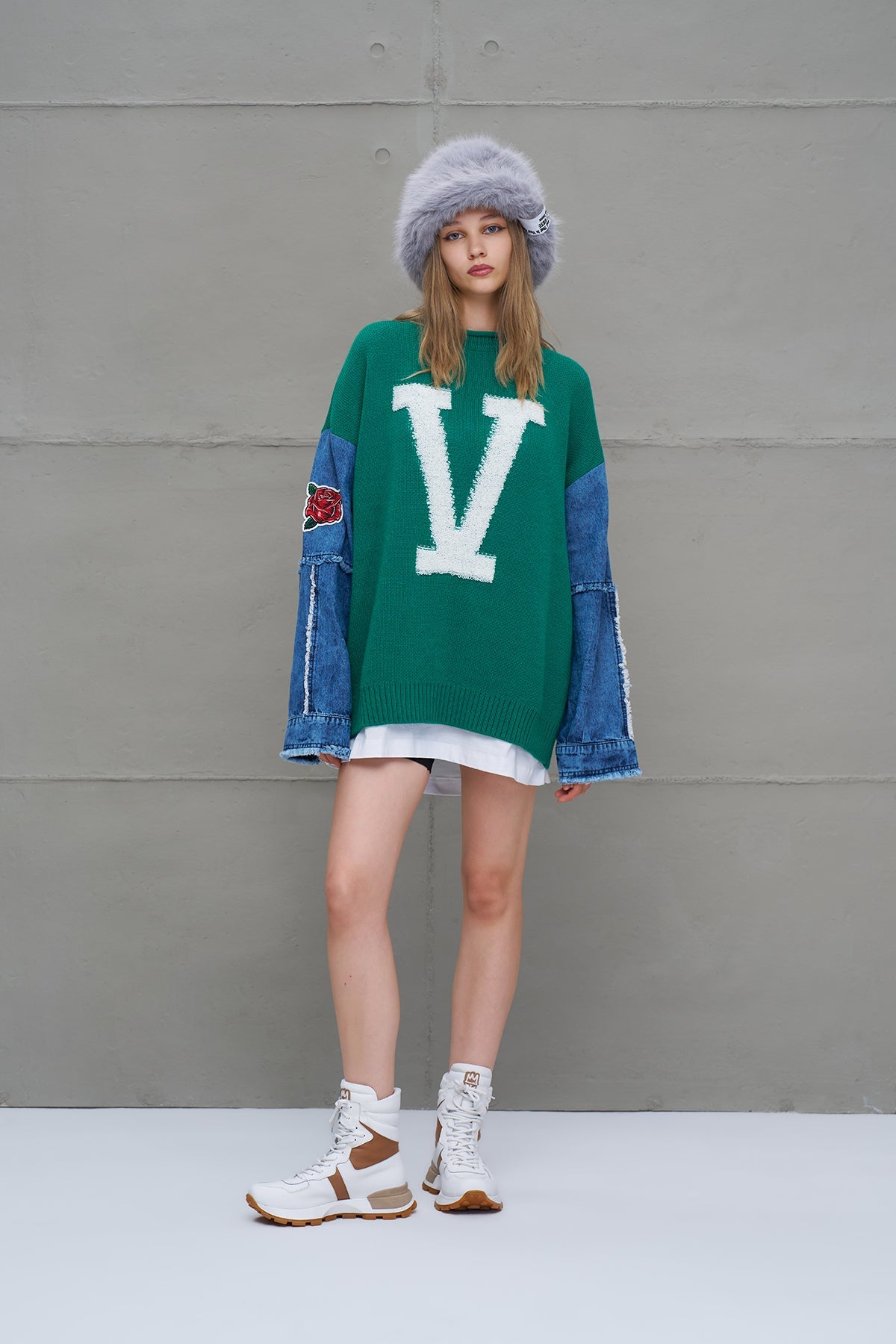 Green Blue Letter Print Oversized Knit Knit Sweater 18073