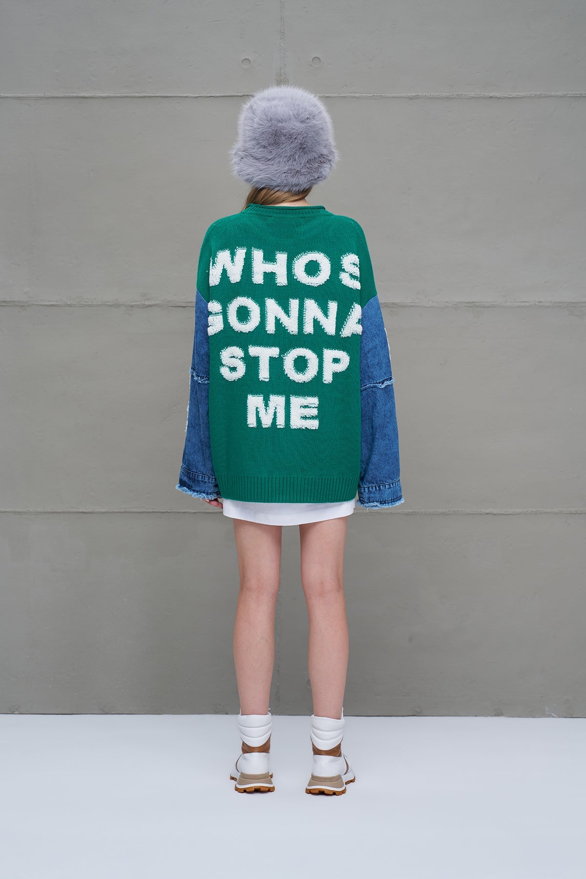 Green Blue Letter Print Oversize Knit Sweater 18073