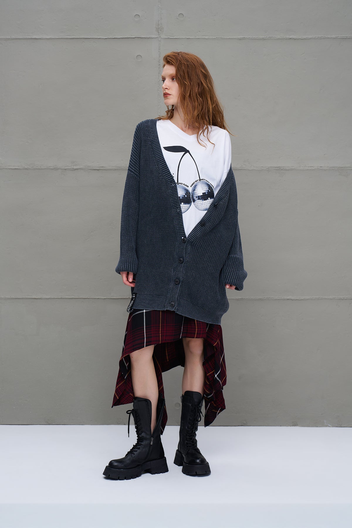 Anthracite Back Patterned Oversized Knit Knit Cardigan 18074
