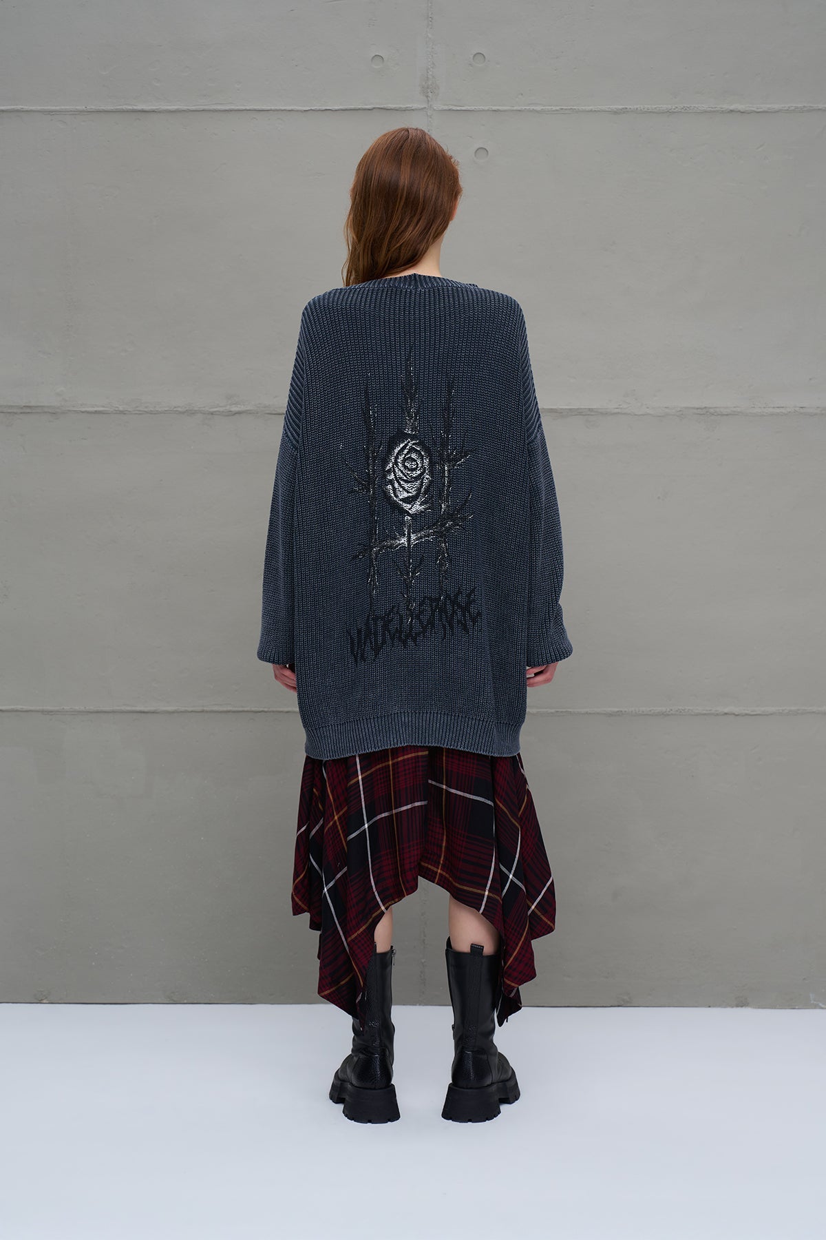 Anthracite Back Patterned Oversized Knit Knit Cardigan 18074