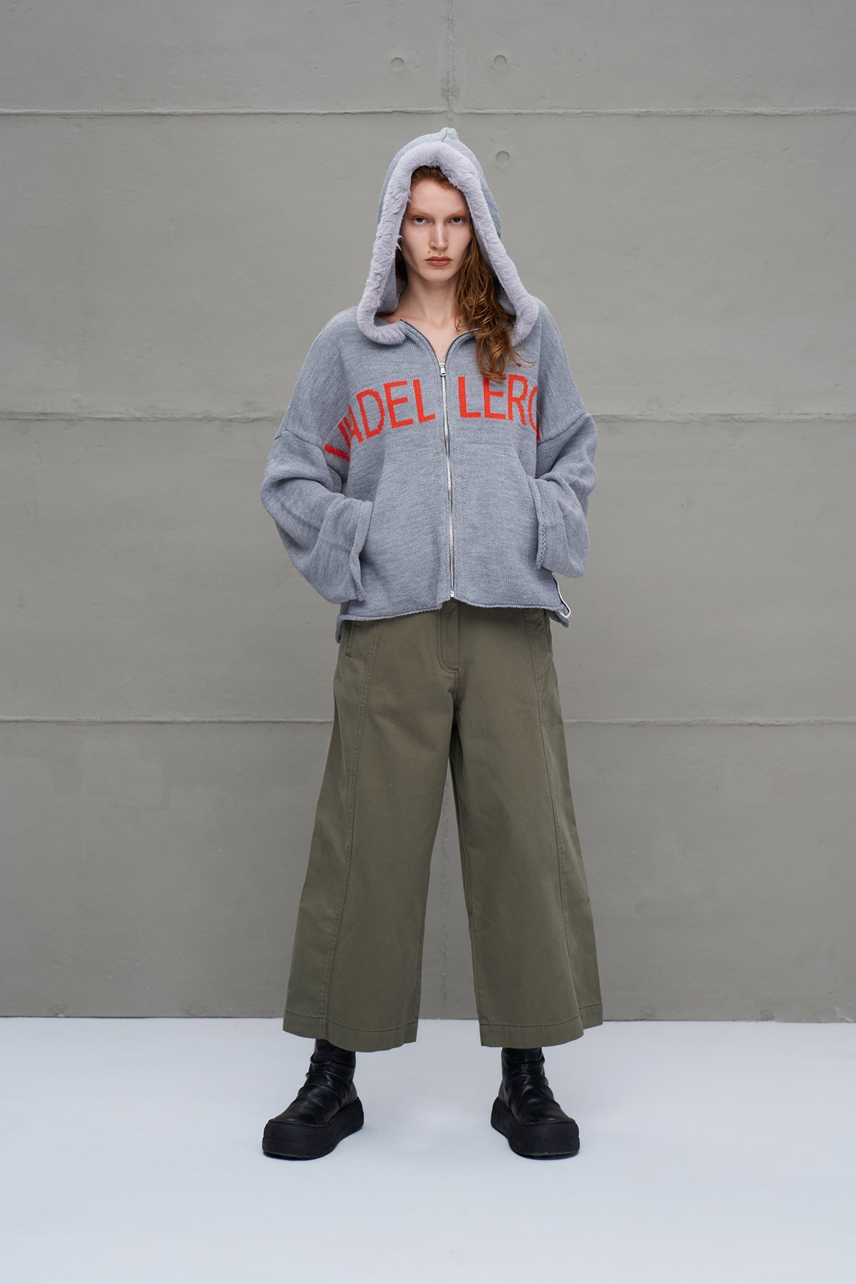 Grey Melange Zip-up Lettering Oversized Hooded Knit Knit Sweater 18076
