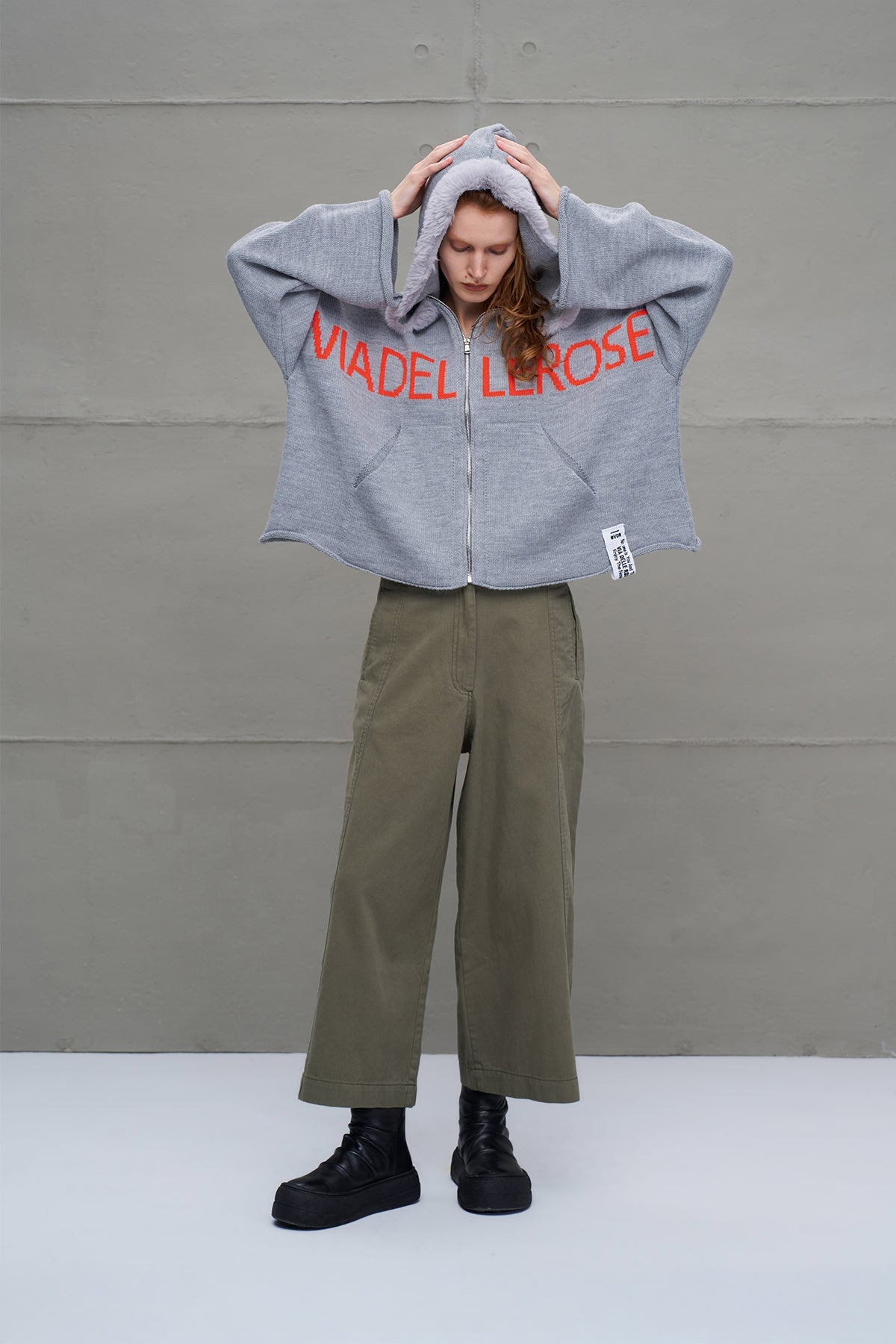 Grey Melange Zip-up Lettering Oversized Hooded Knit Knit Sweater 18076