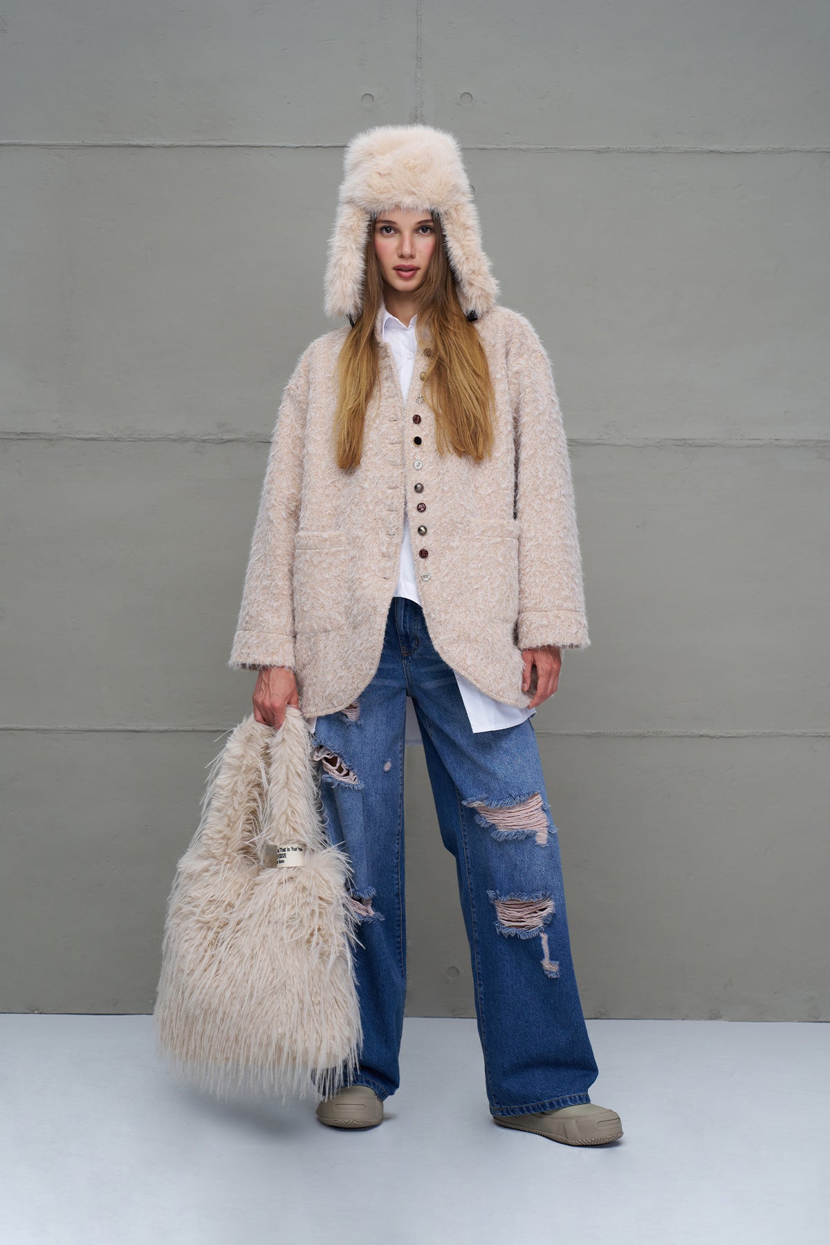Beige Faux Fur Oversized Jacket 18187