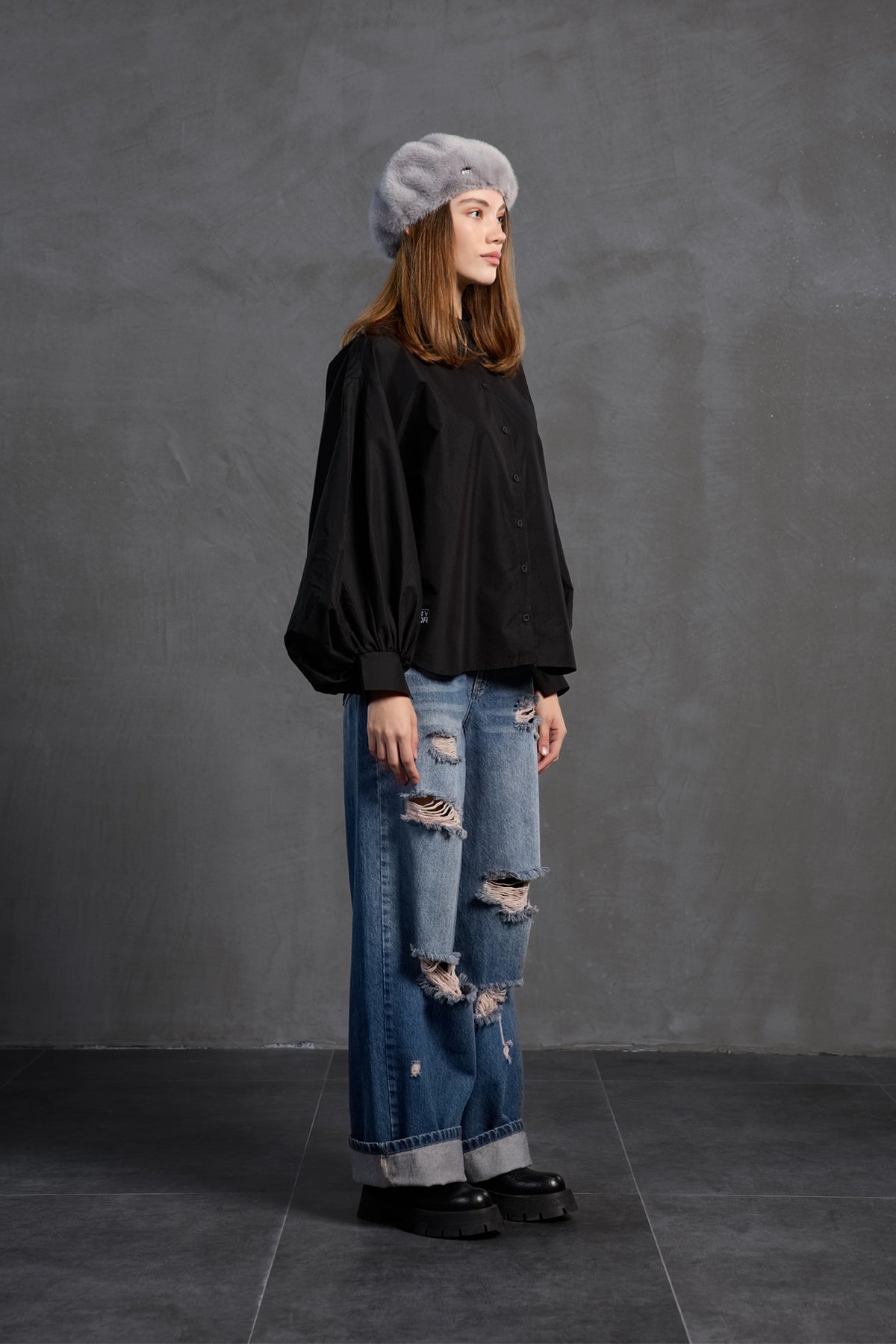 Black Balloon Sleeve Oversized Poplin Shirt 18195