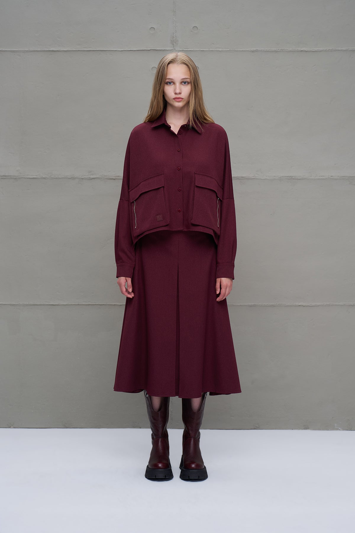 Burgundy Pleated Midi Skirt 18198