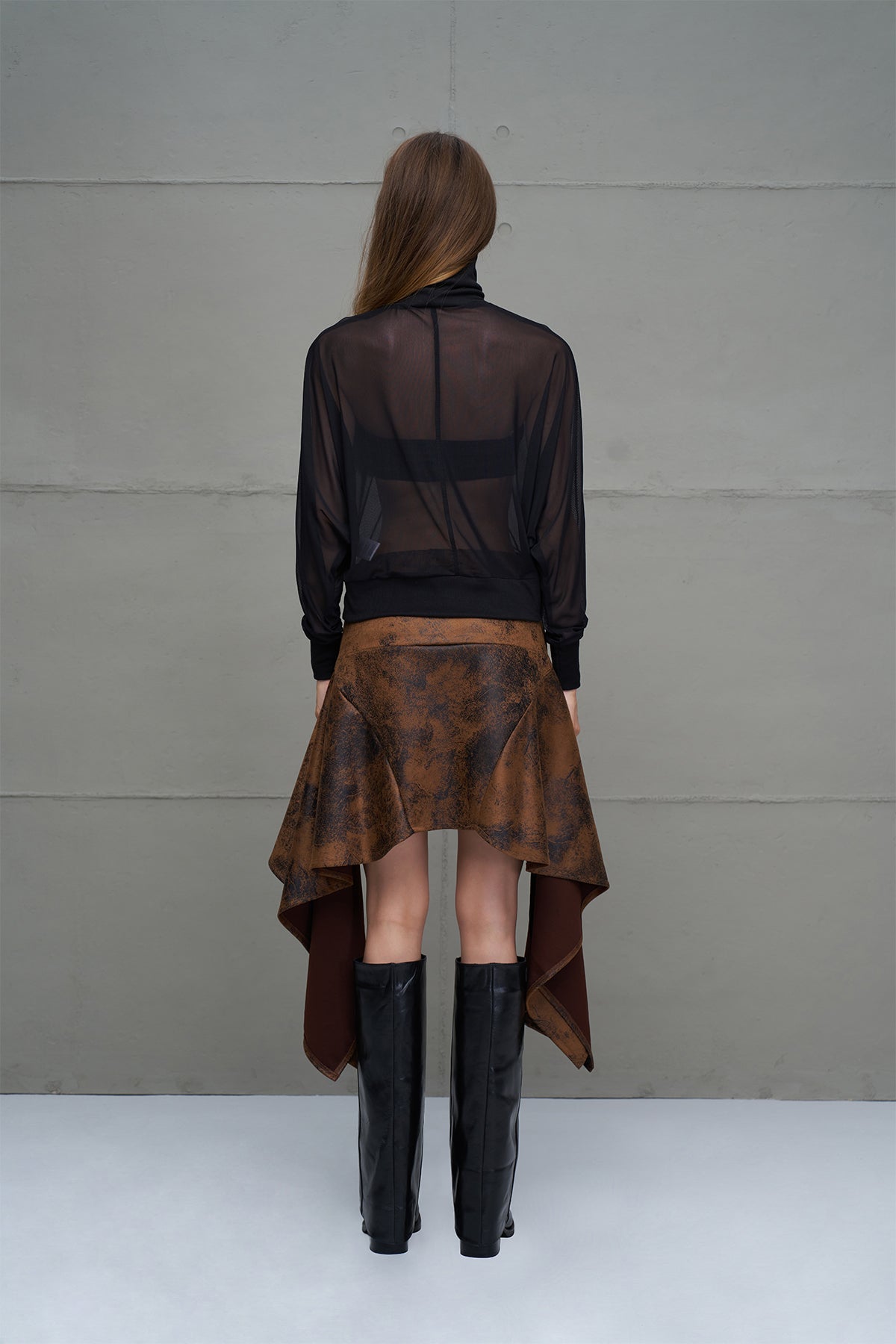 Camel Black Distressed Leather Look Asymmetric Skirt 18226