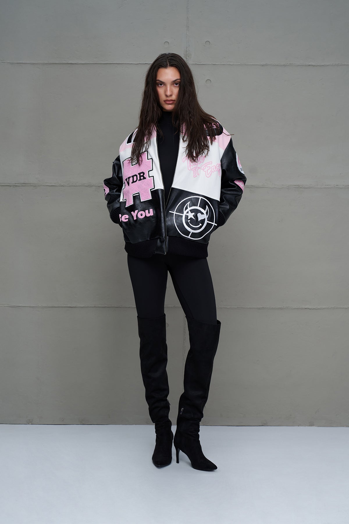 Black Pink White Oversize Pilot Bomber Jacket 18235