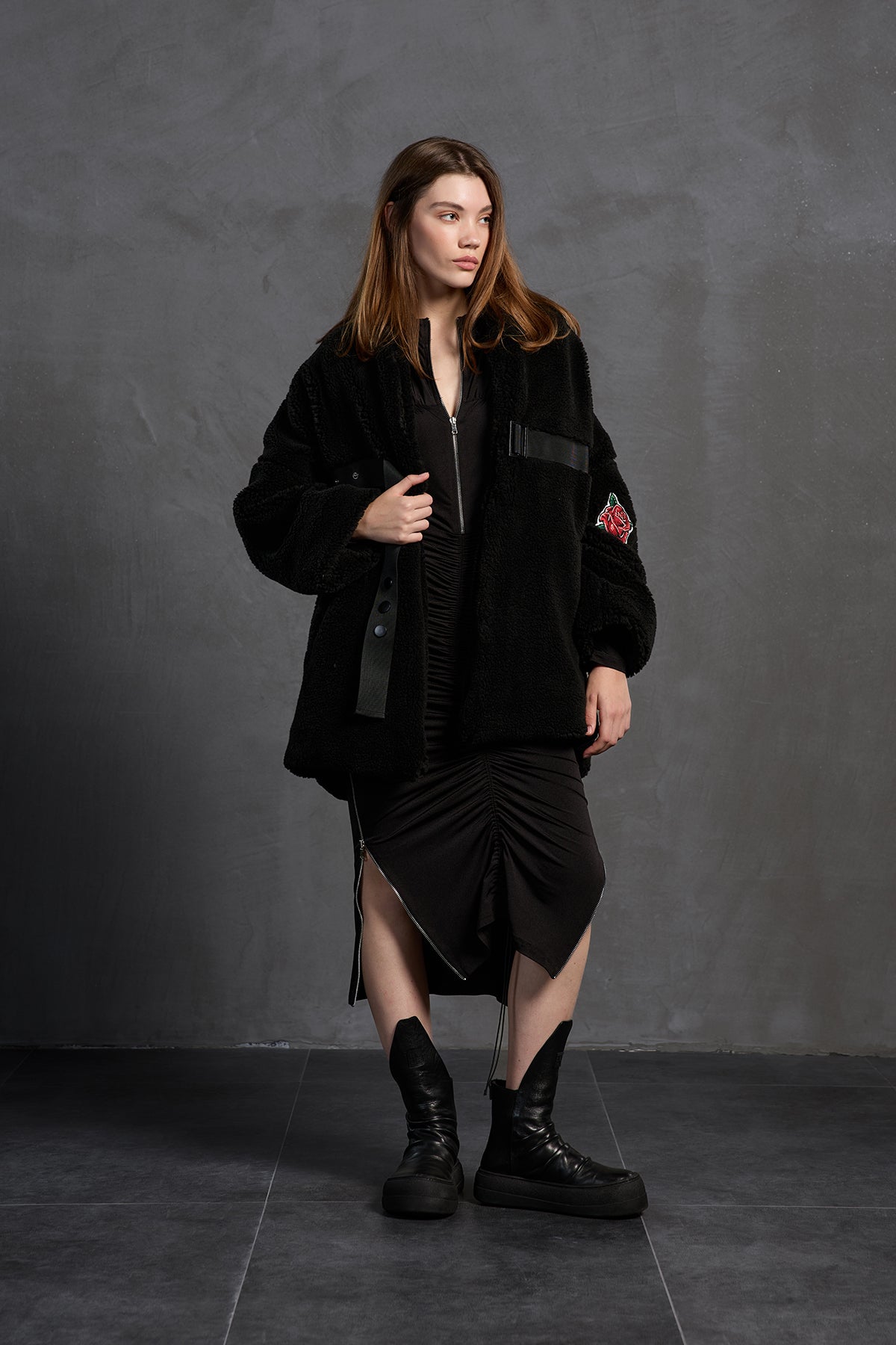 Black Faux Fur Look Belted Oversize Coat 18238