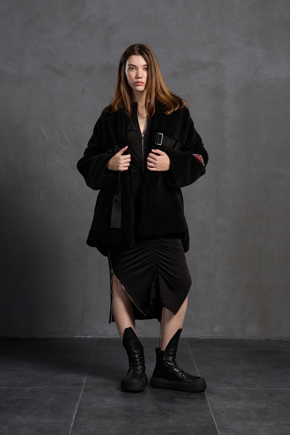 Black Faux Fur Look Belted Oversize Coat 18238