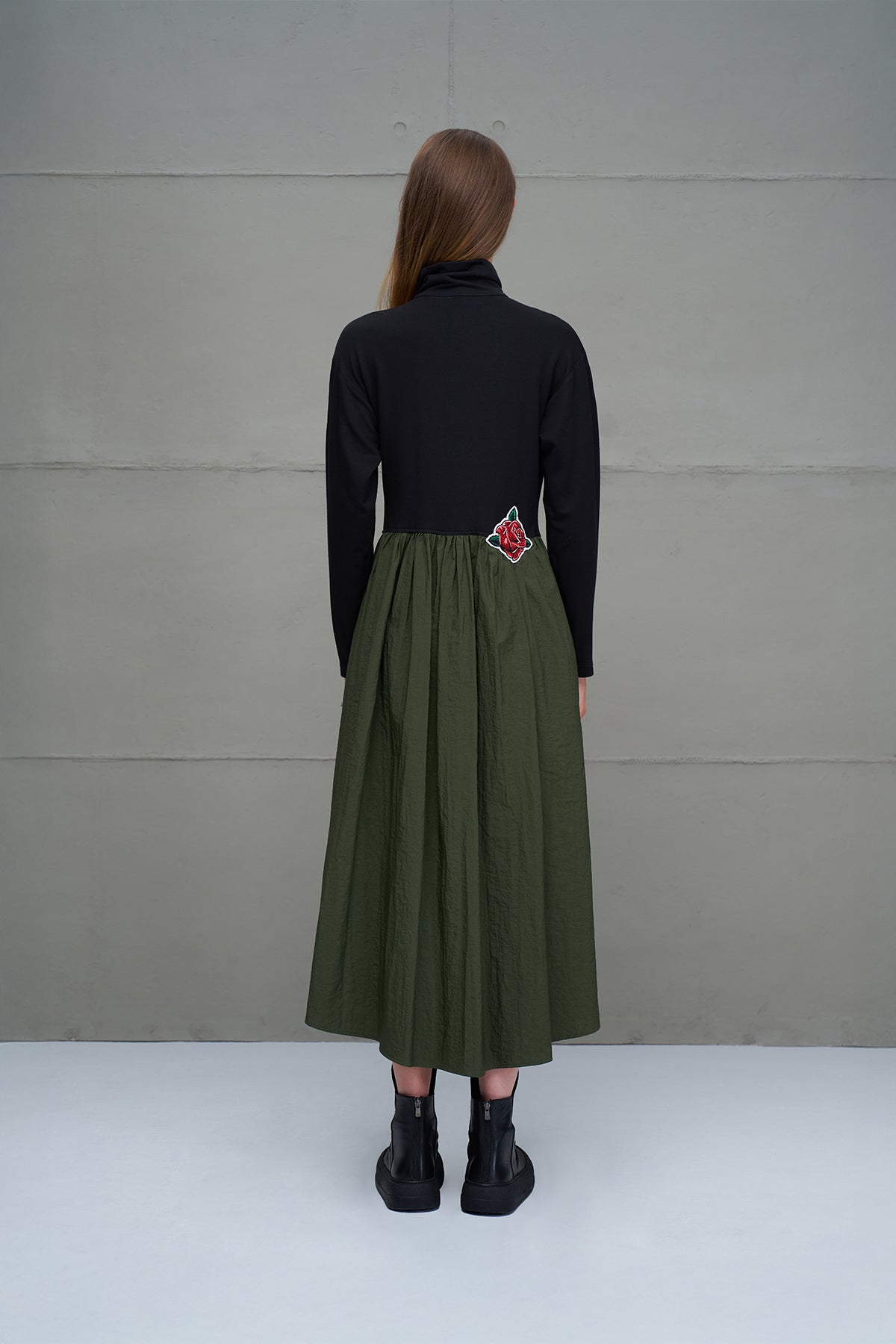 Black Green Zippered Draped Long Dress 18273