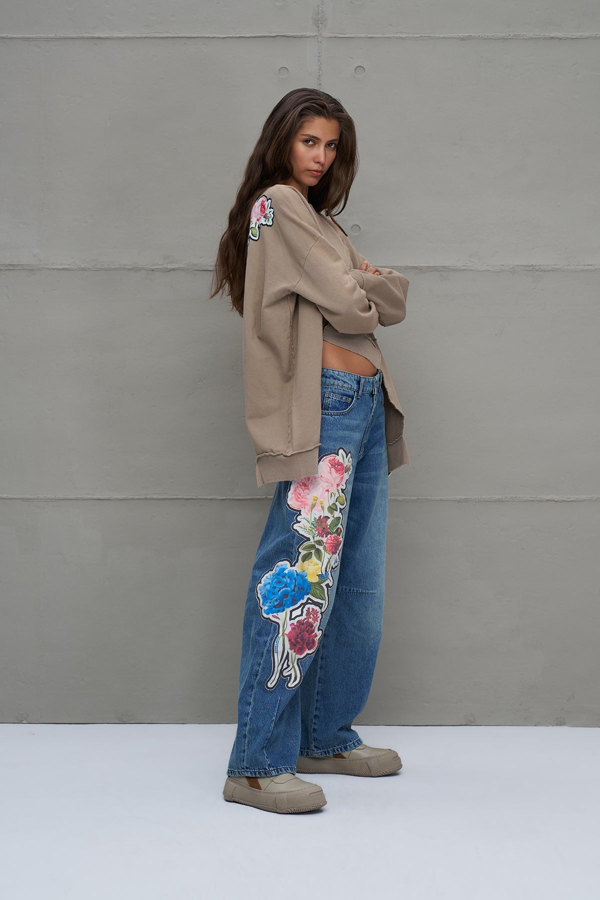 Blue Printed Oversize Denim Trousers 18284