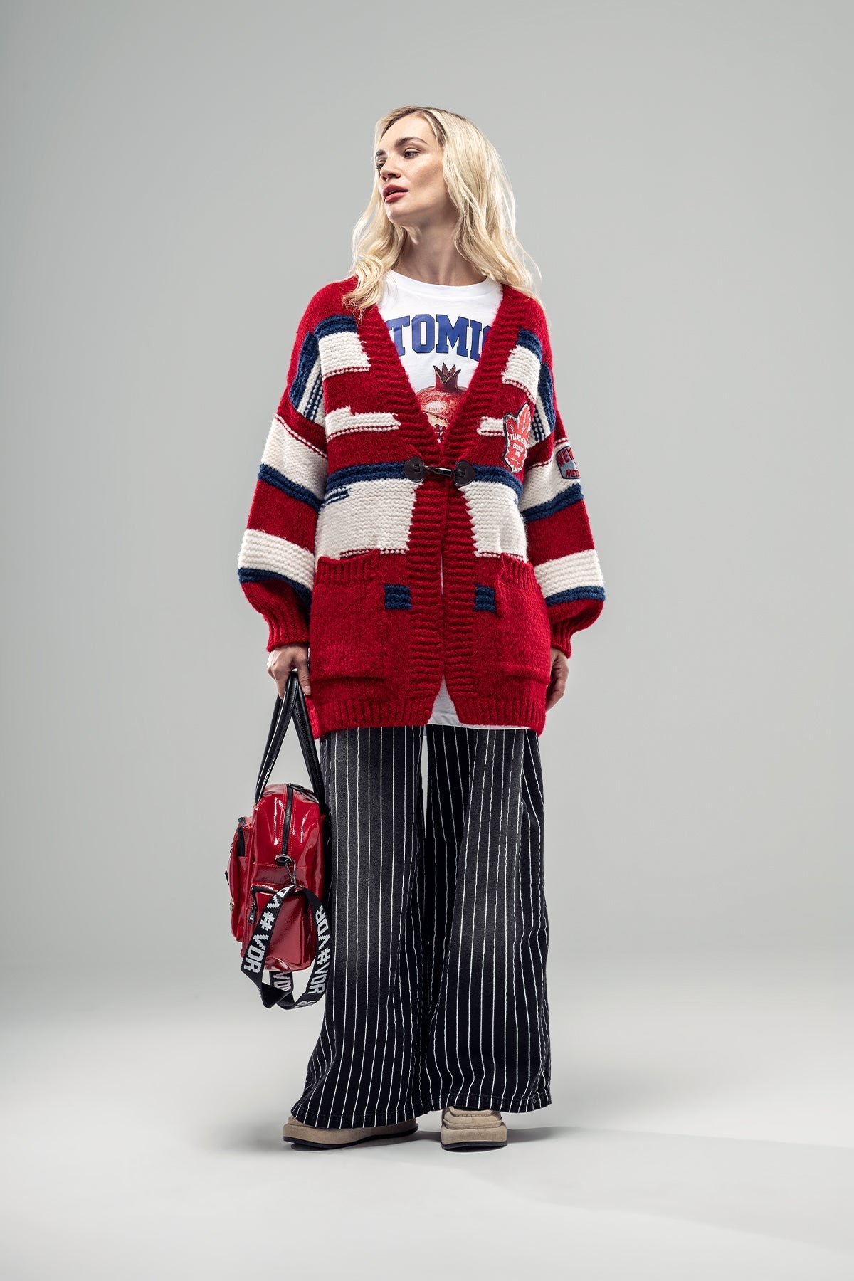 Red Blue Off White Knit Cardigan 20035
